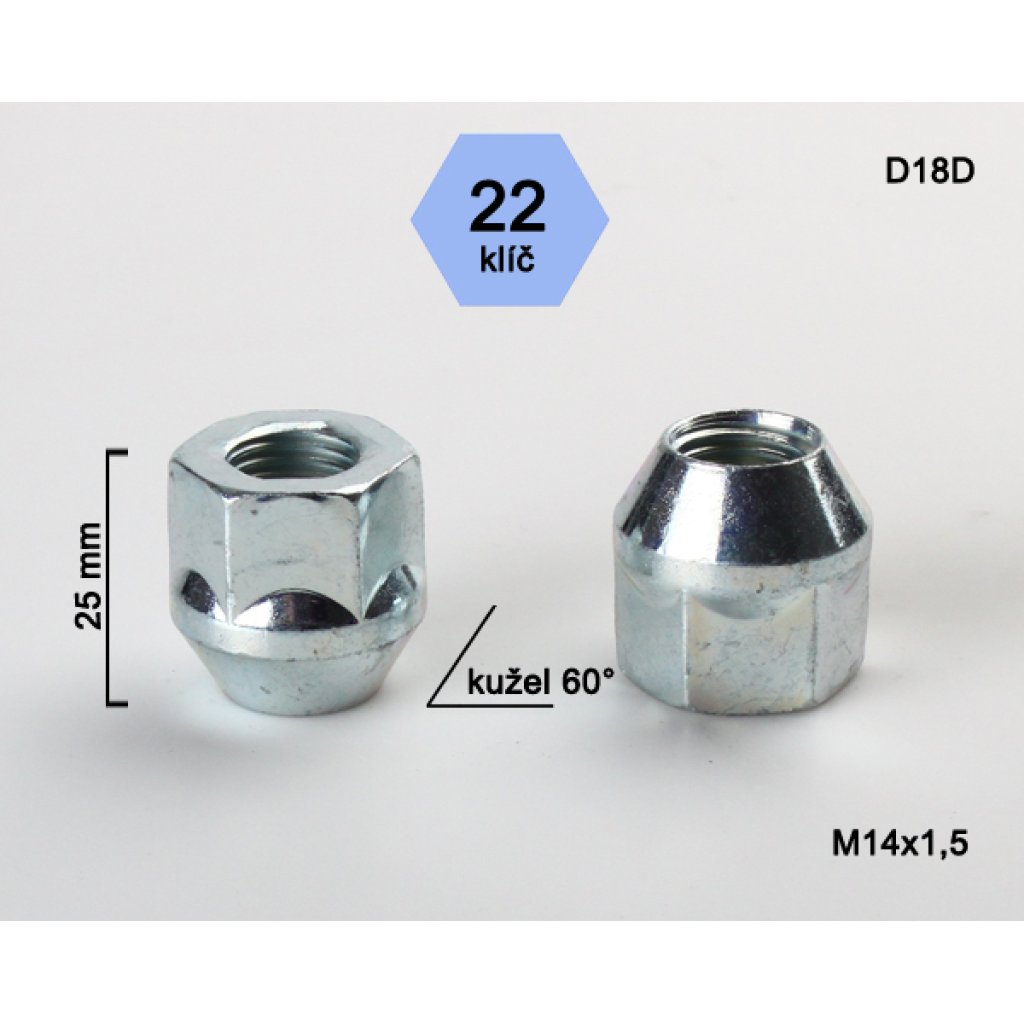 Kolová matice M14x1,5 kužel otevřená, klíč 22 (D18D) výška 25mm
