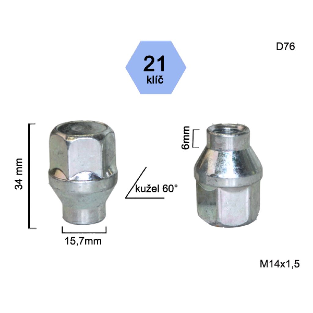 Kolová matice M14x1,5 kužel s krčkem 15,7 zavřená, klíč 21 (D76) výška 34mm, délka krčku 6