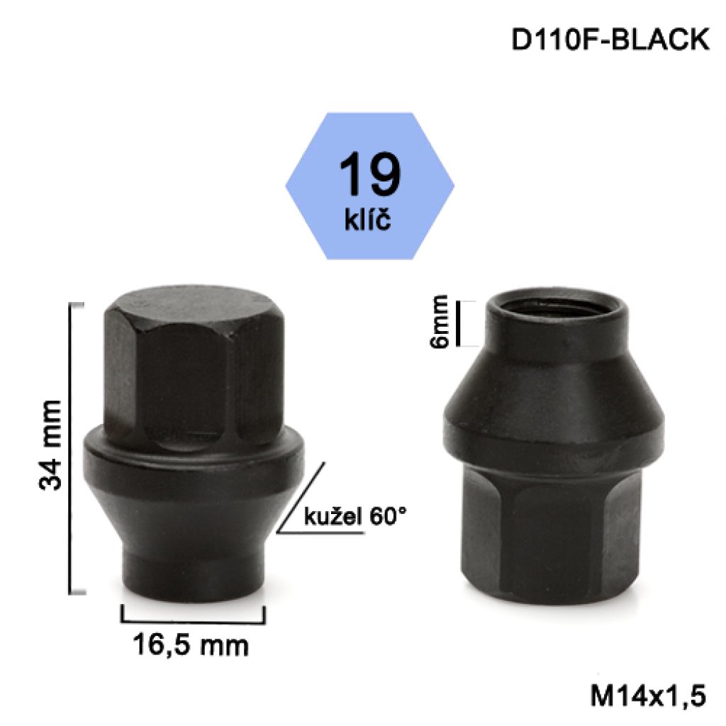 Kolová matice M14x1,5 kužel s krčkem 16,5 zavřená, černá, klíč 19 (D110F-BLACK) výška 34