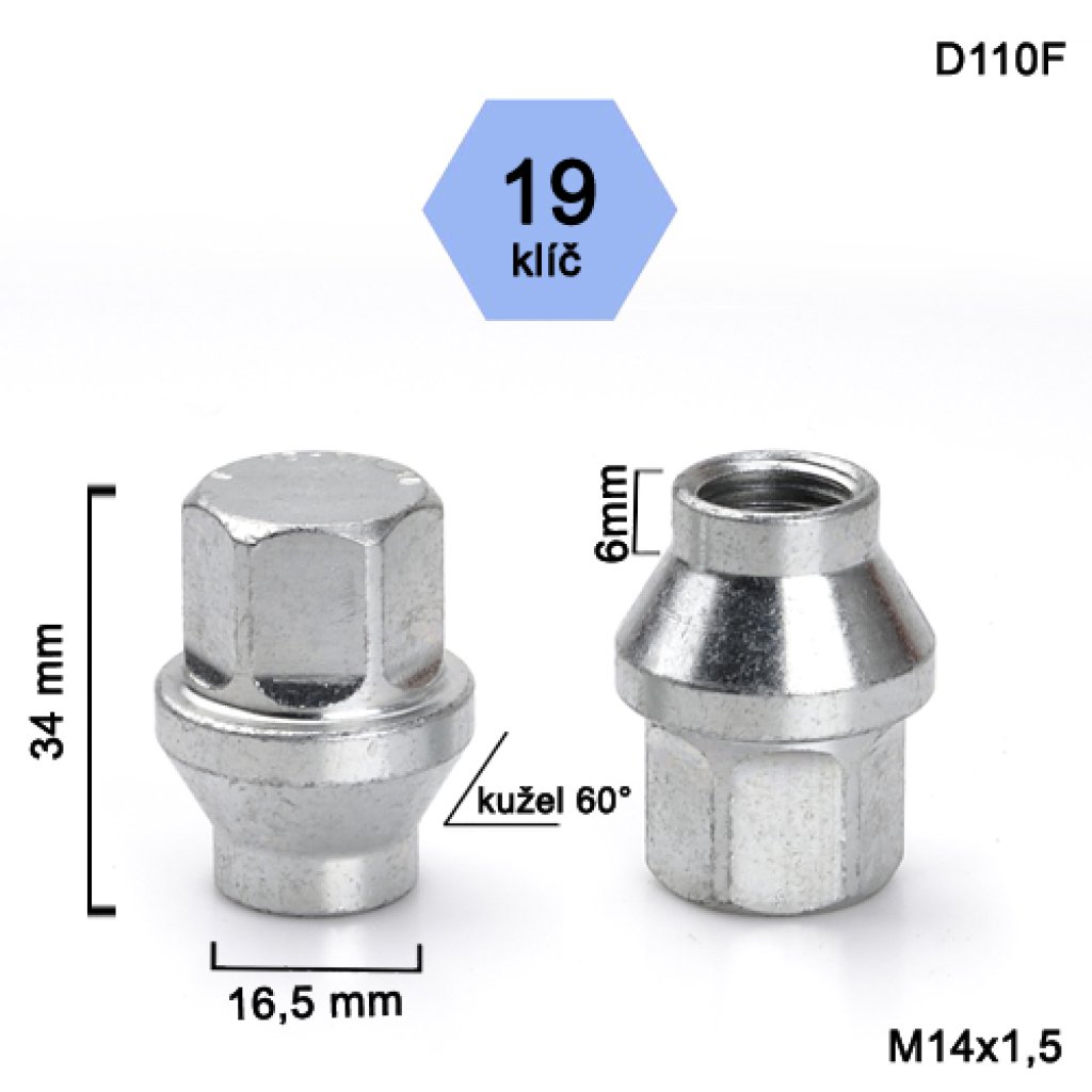 Kolová matice M14x1,5 kužel s krčkem 16,5 zavřená, klíč 19 (D110F) výška 34, délka krčku 6