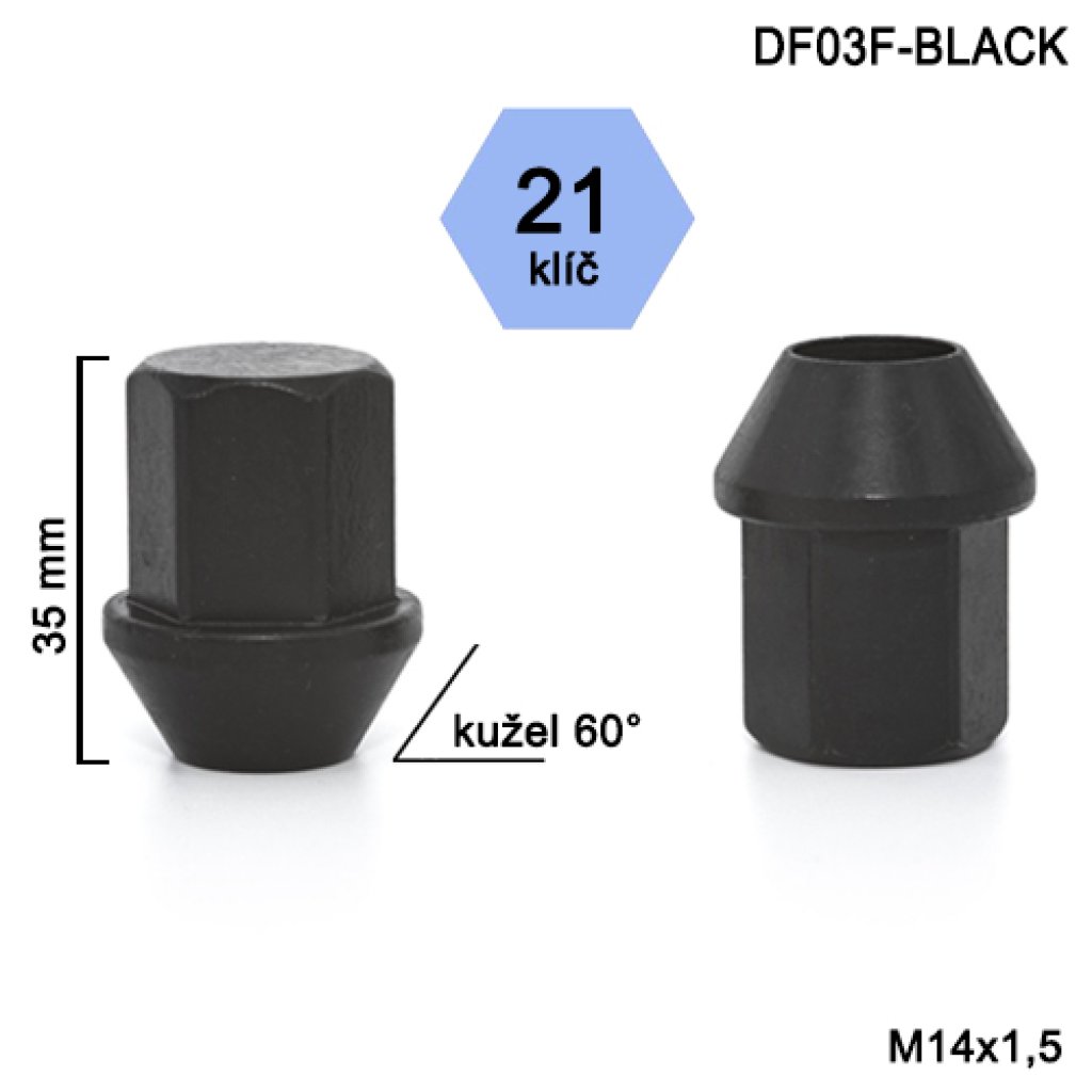 Kolová matice M14x1,5 kužel zavřená, Ford, klíč 21 (DF03F-BLACK)(DE63/S BLK) výška 35 mm