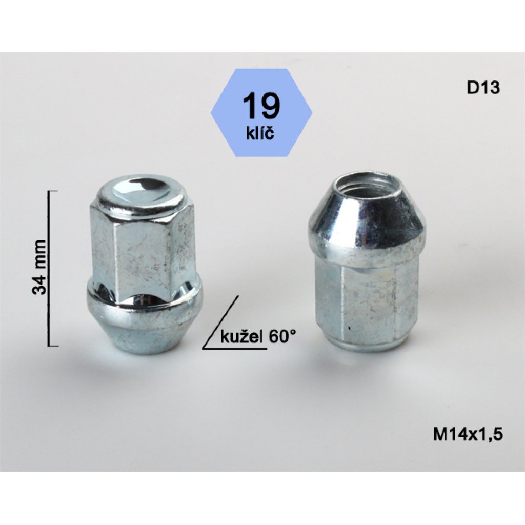 Kolová matice M14x1,5 kužel zavřená, klíč 19 (D13)(AD/S) výška 34mm