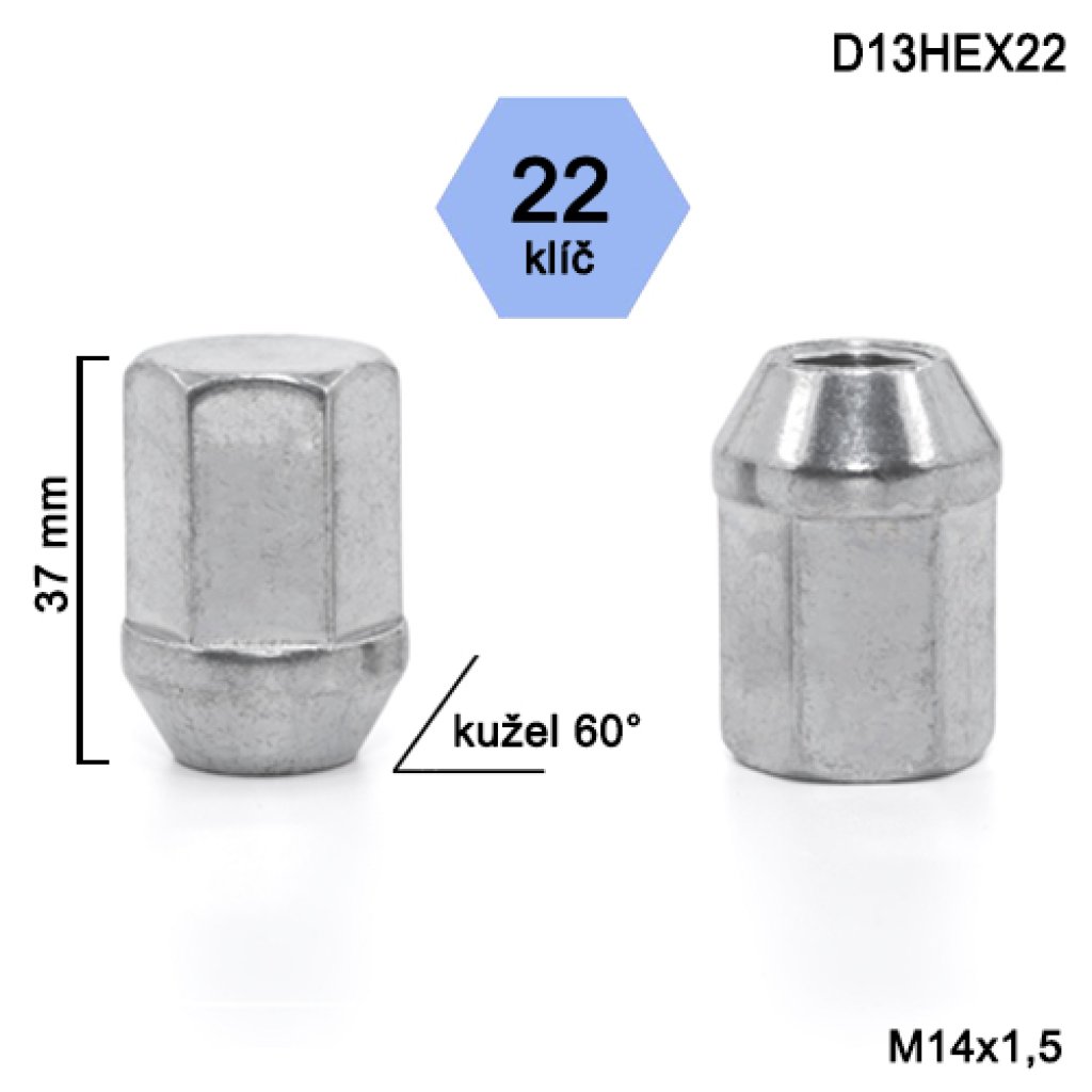 Kolová matice M14x1,5 kužel zavřená, klíč 22 (D13HEX22)(DE50/S) výška 37 mm