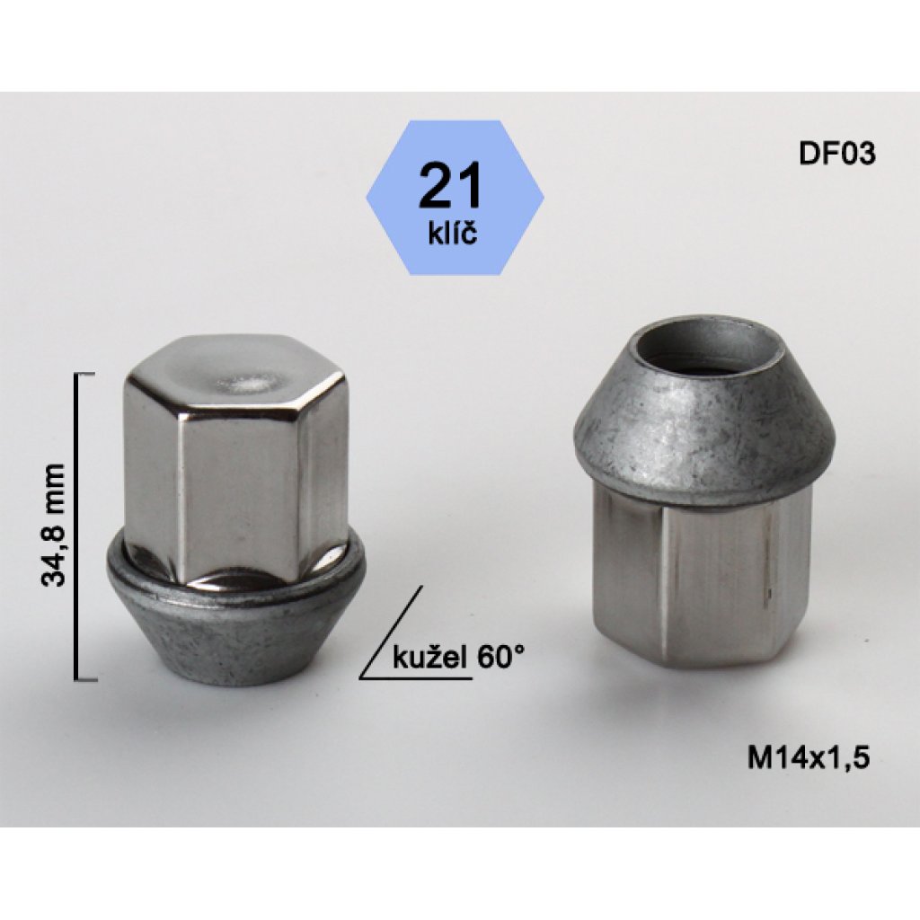 Kolová matice M14x1,5 kužel zavřená, nerez krytka, Ford, klíč 21 (DF03) výška 34,8mm