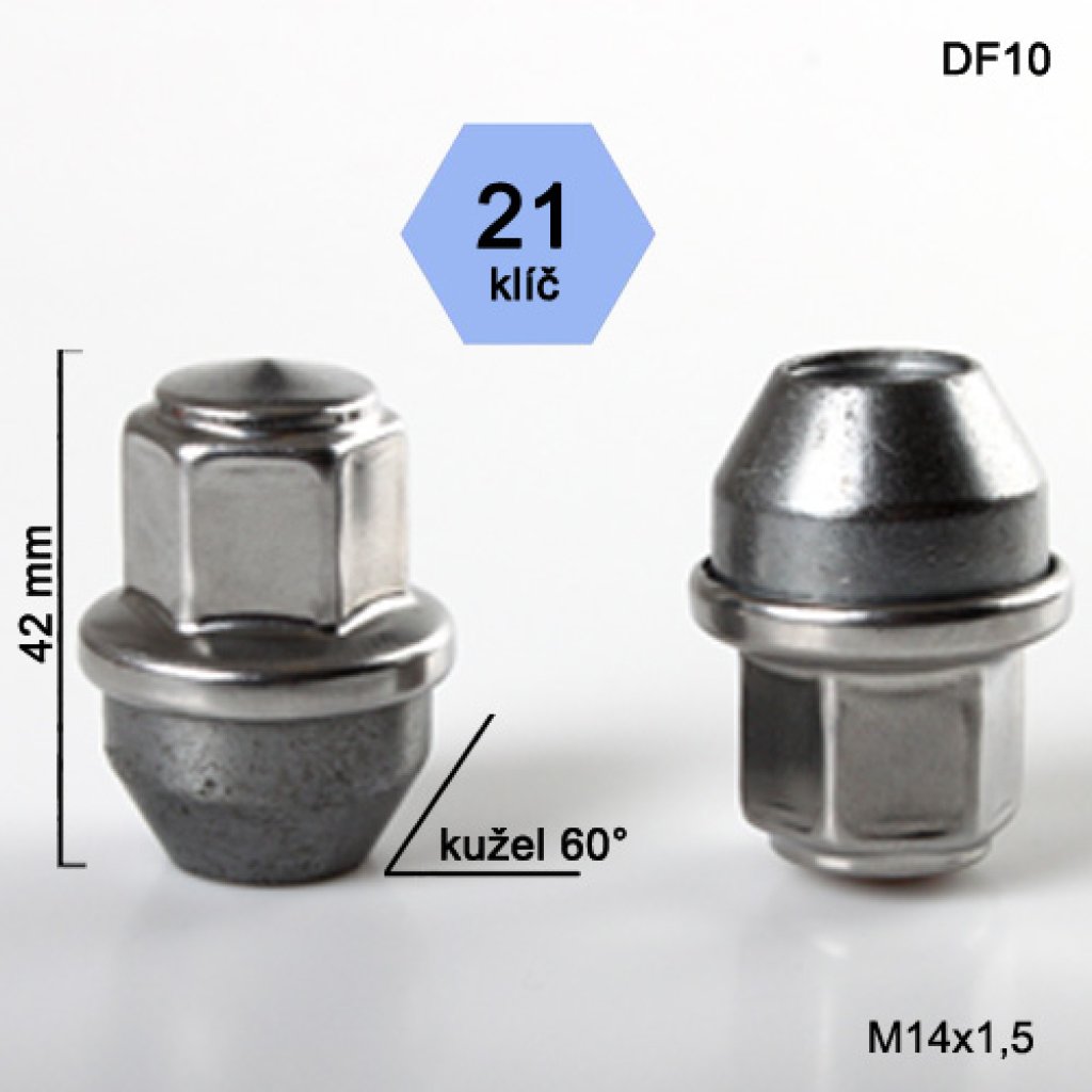 Kolová matice M14x1,5 kužel zavřená nerez krytka, Ford, klíč 21 (DF10)(DEF1/S) výška 42mm