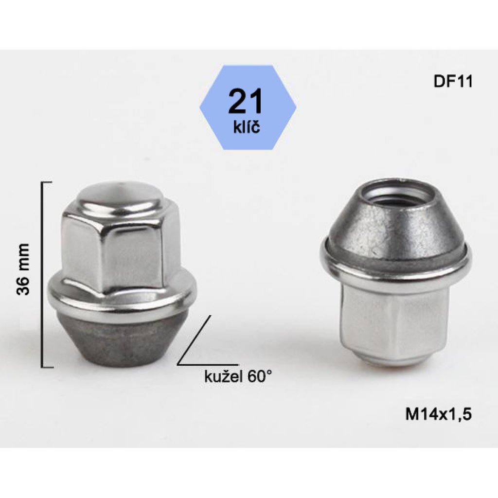 Kolová matice M14x1,5 kužel zavřená nerez krytka, Ford, klíč 21 (DF11)(DEF3/S) výška 36mm