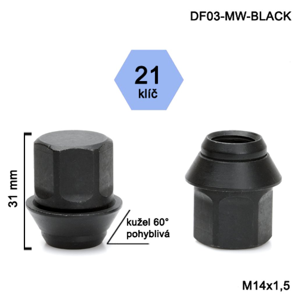 Kolová matice M14x1,5 kužel zavřená pohyblivá, černá, klíč 21(DF03-MW-BLACK) výška 31mm