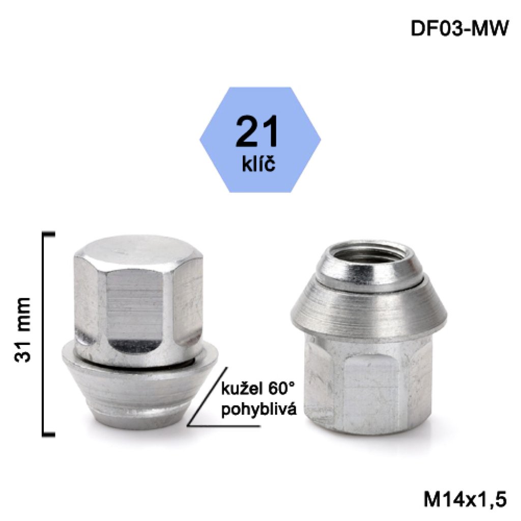 Kolová matice M14x1,5 kužel zavřená pohyblivá, Ford, klíč 21(DF03-MW)(T3DA2/S) výška 31mm
