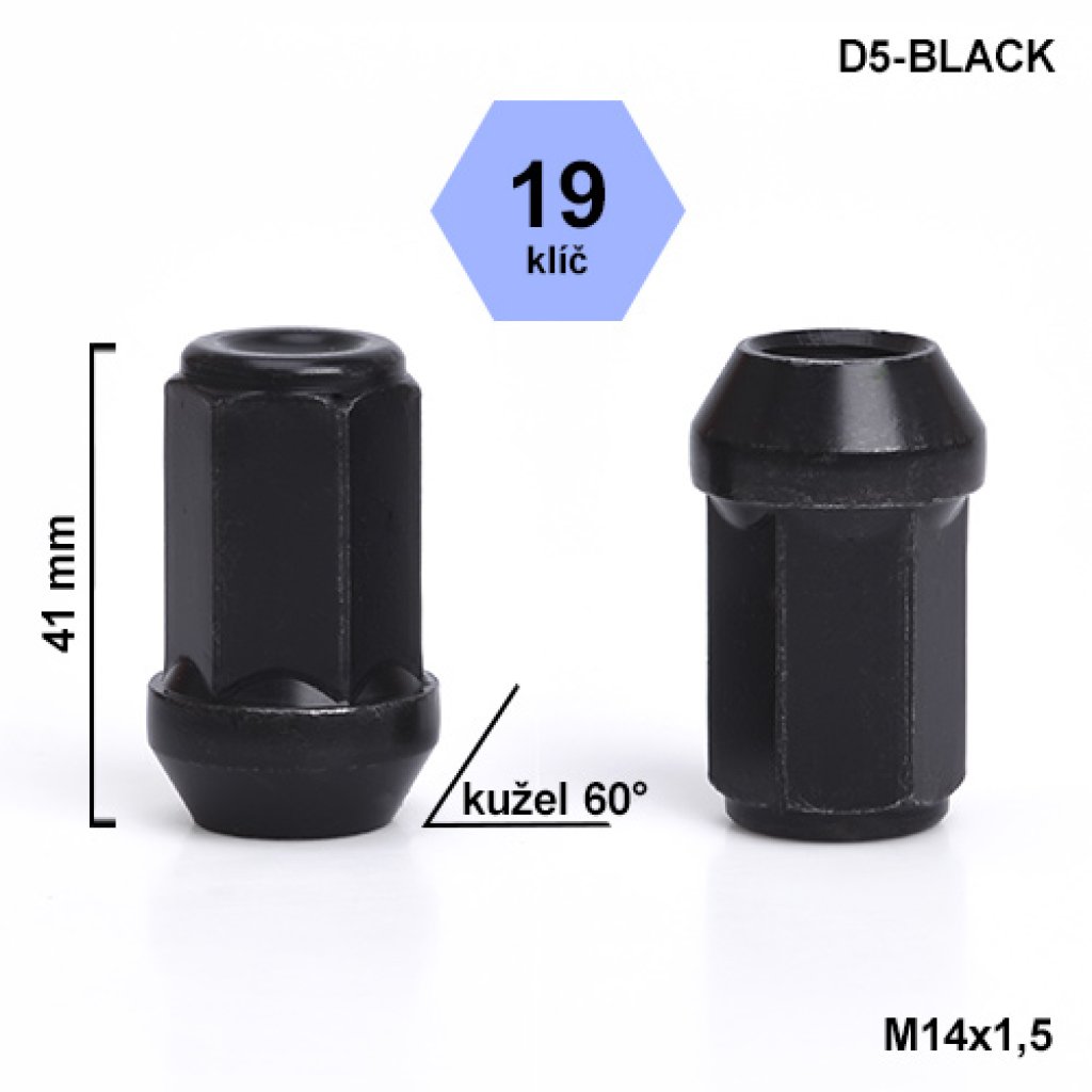 Kolová matice M14x1,5 kužel zavřená prodloužená, klíč 19 (D5-BLACK) výška 41mm