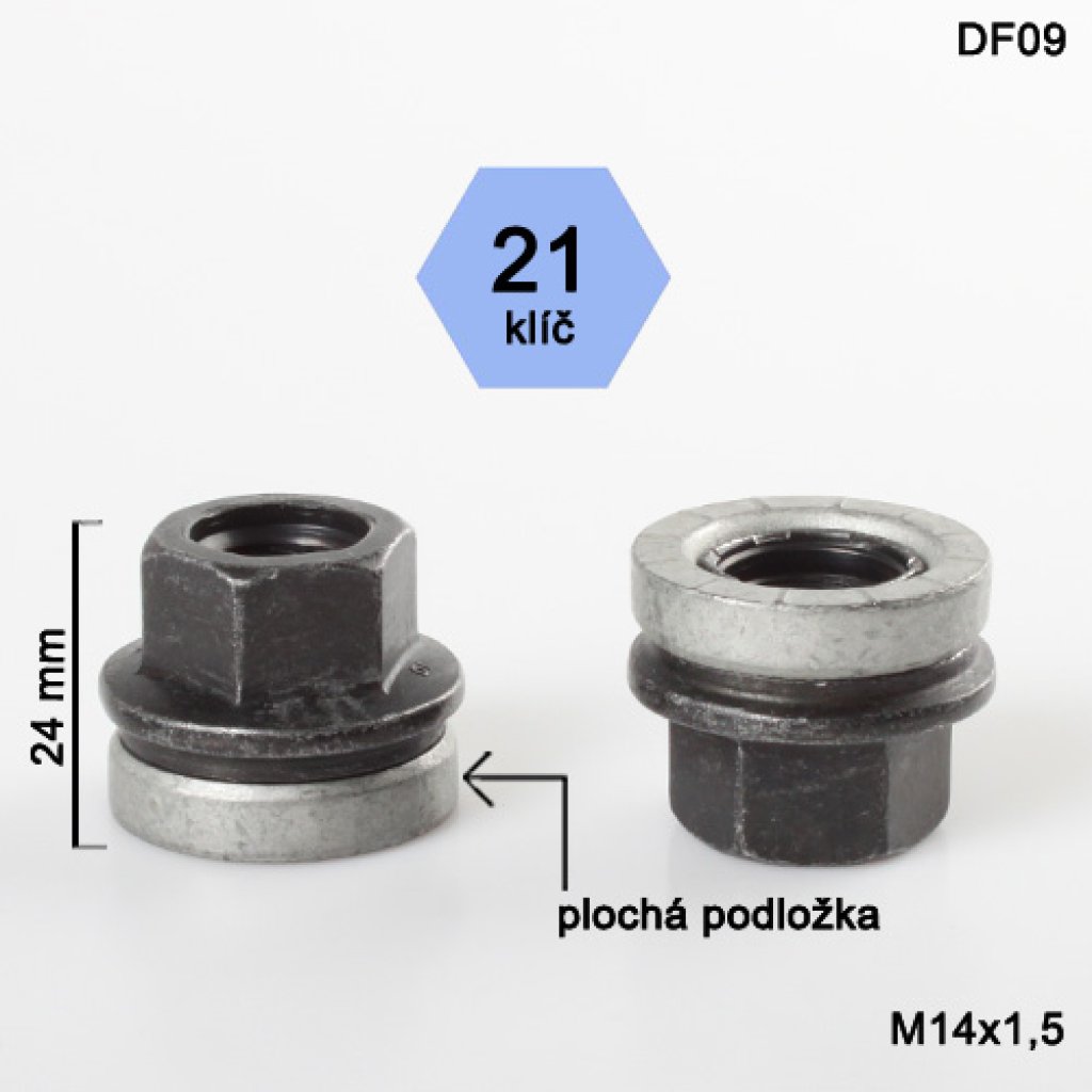 Kolová matice M14x1,5 s plochou podložkou otevřená, Ford, klíč 21 (DF09) výška 24mm