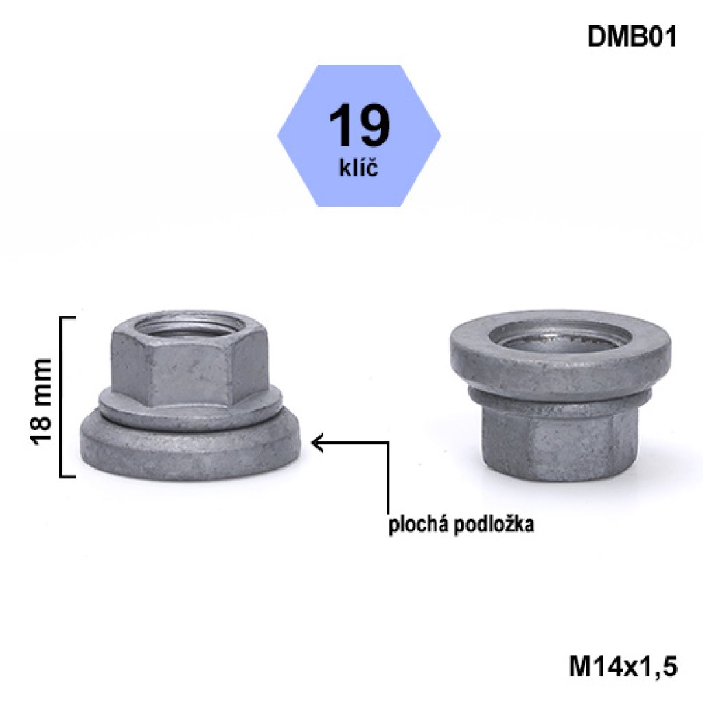 Kolová matice M14x1,5 s plochou podložkou otevřená, klíč 19 (DMB01) výška 18mm
