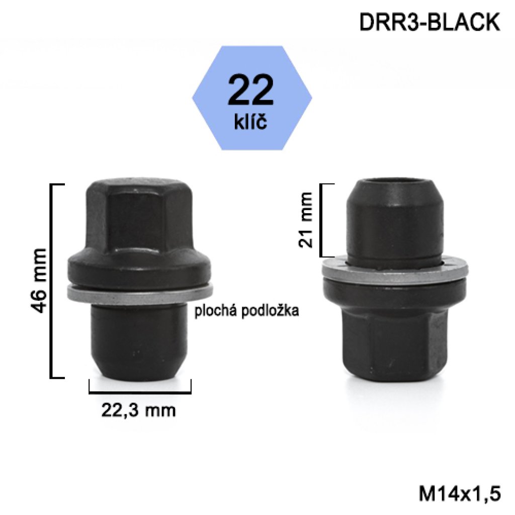 Kolová matice M14x1,5 zavřená Range Rover, klíč 22 (DRR3F-BLACK)(AG7L/S BLK) výška 46mm