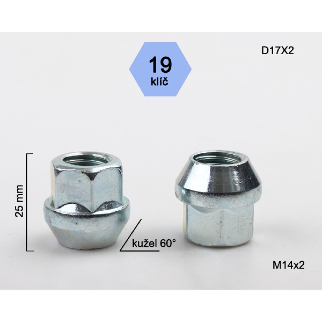 Kolová matice M14x2,0 kužel otevřená, klíč 19 (D17X2) výška 25mm