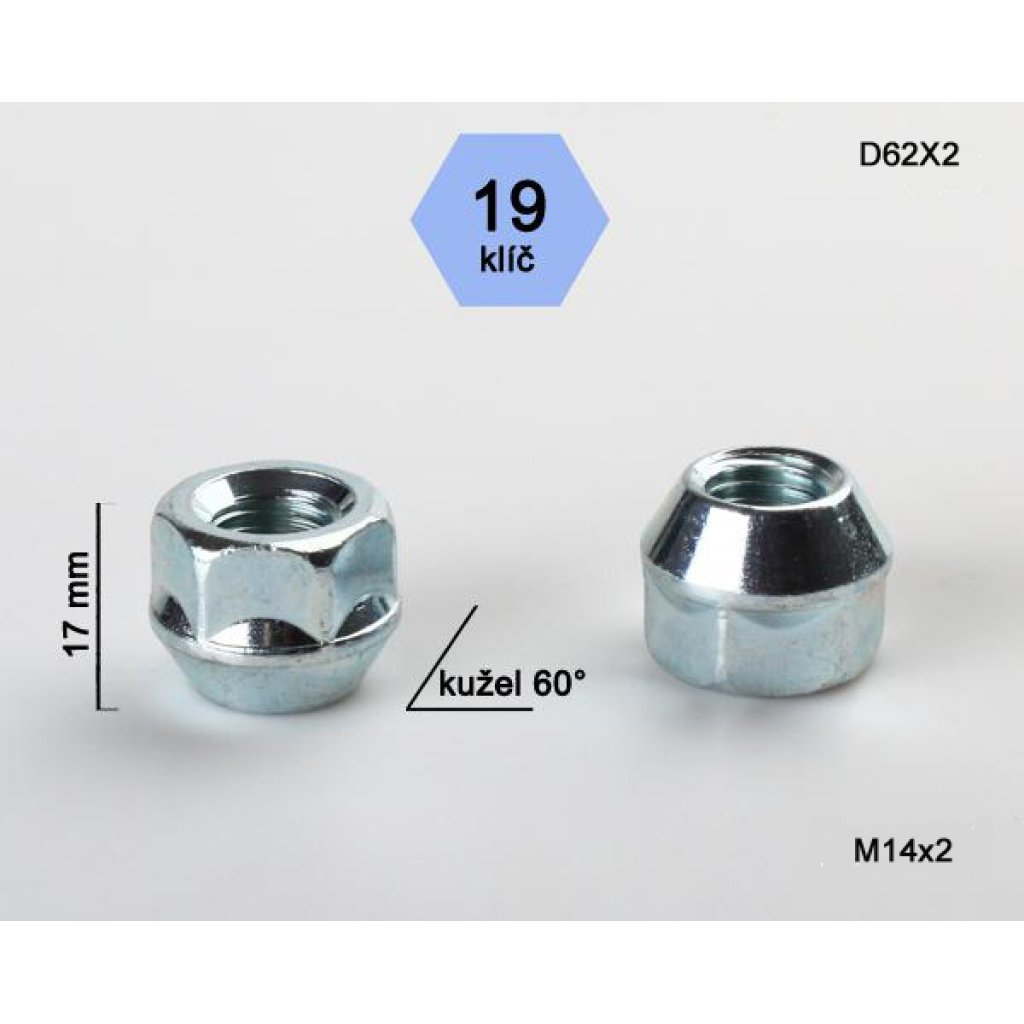 Kolová matice M14x2,0 kužel otevřená, klíč 19 (D62X2) výška 17mm
