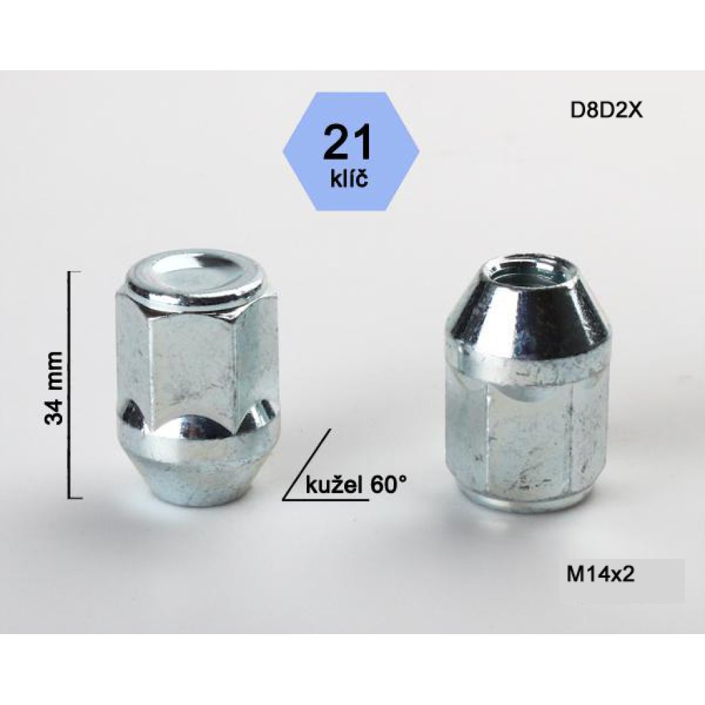 Kolová matice M14x2,0 kužel zavřená, klíč 21 (D8DX2) výška 34mm