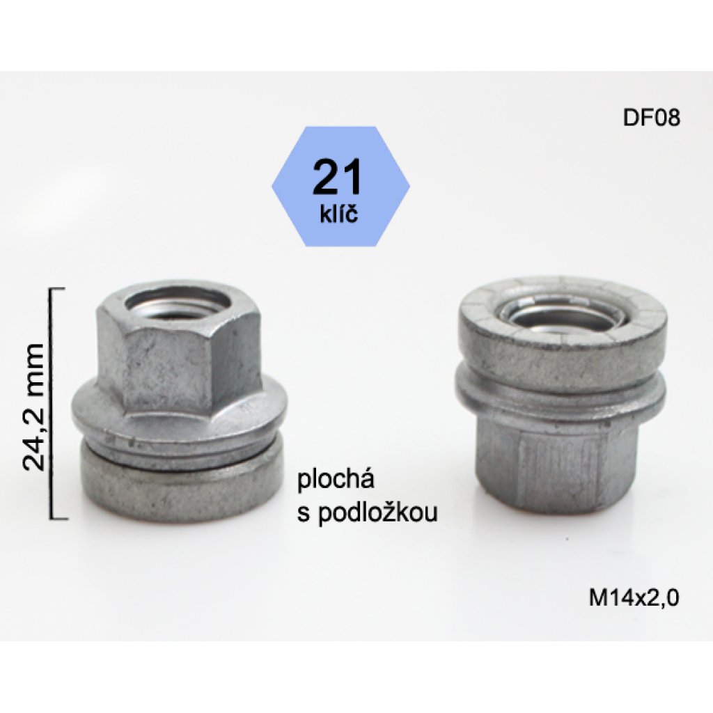 Kolová matice M14x2,0 s plochou podložkou otevřená, Ford, klíč 21 (DF08) výška 24mm