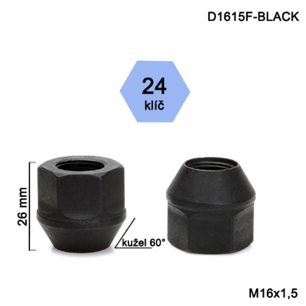 Kolová matice M16x1,5 kužel, otevřená, černá, klíč 24 (D1615F-BLACK) výška 26mm