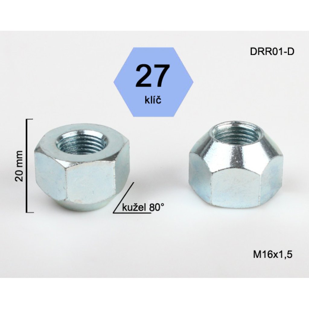 Kolová matice M16x1,5 kužel otevřená Range Rover, klíč 27 (DRR01-D) výška 20mm