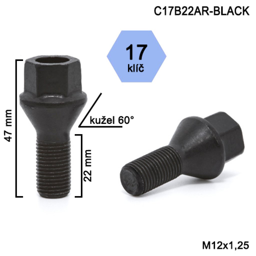 Kolový šroub M12x1,25x22 kužel, klíč 17 (C17B22AR-BLACK)(A3C3/S) výška 47 mm