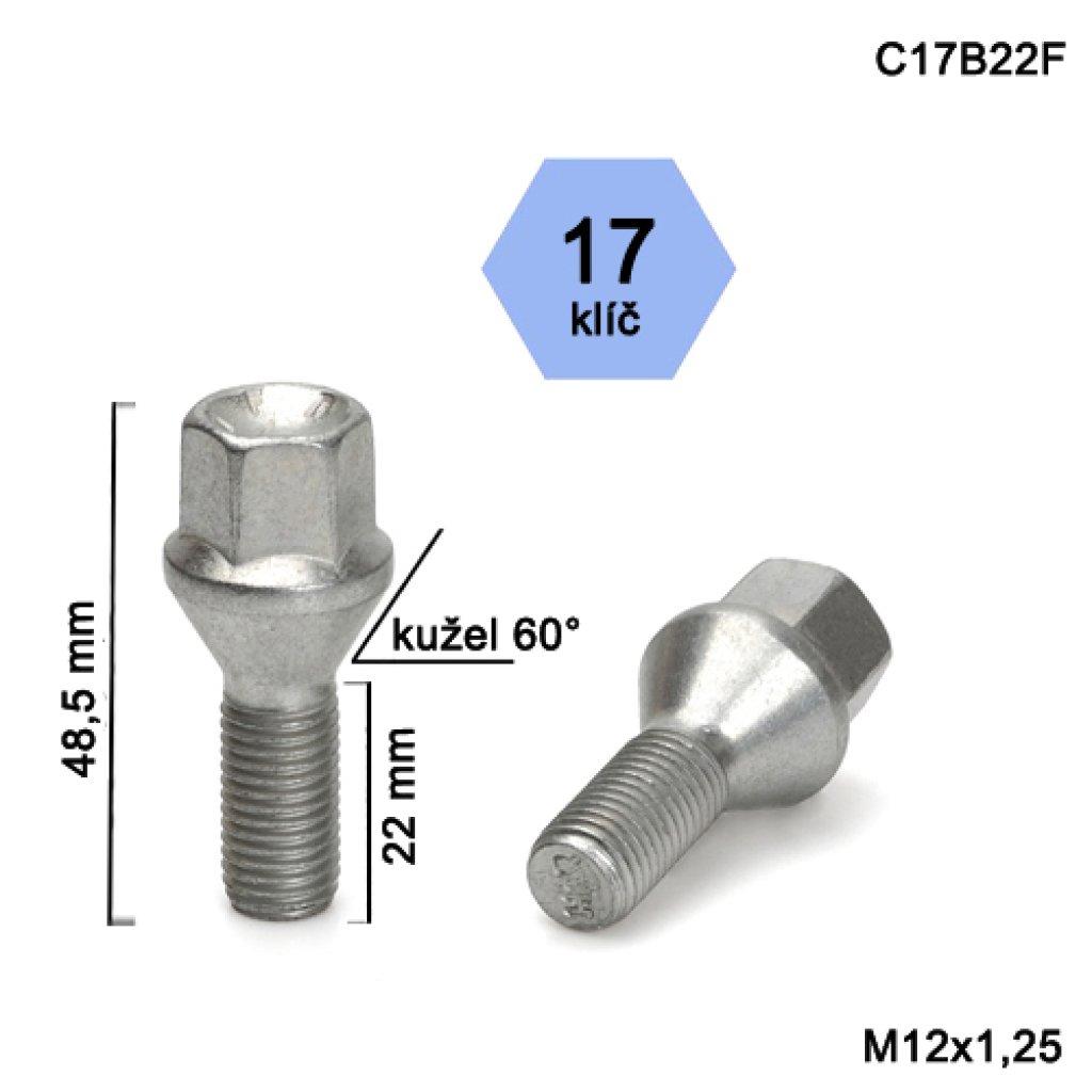 Kolový šroub M12x1,25x22 kužel, klíč 17 (C17B22F)(A1BV2) výška 48,5mm