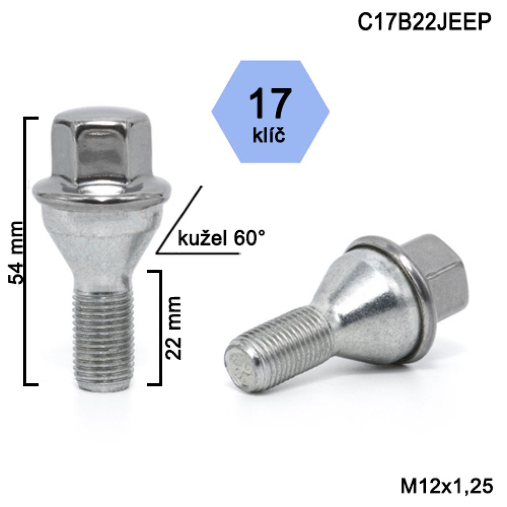 Kolový šroub M12x1,25x22 kužel, klíč 17 (C17B22JEEP)(A1C1/S) nerez krytka, výška 54 mm