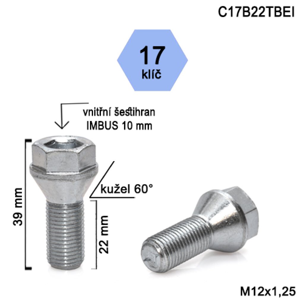 Kolový šroub M12x1,25x22 kužel s krátkou hlavou, klíč 17 (C17B22TBEI) výška 39 mm