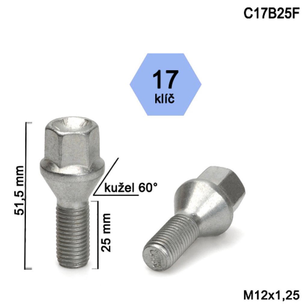 Kolový šroub M12x1,25x25 kužel, klíč 17 (C17B25F)(K1/S) výška 51,5mm