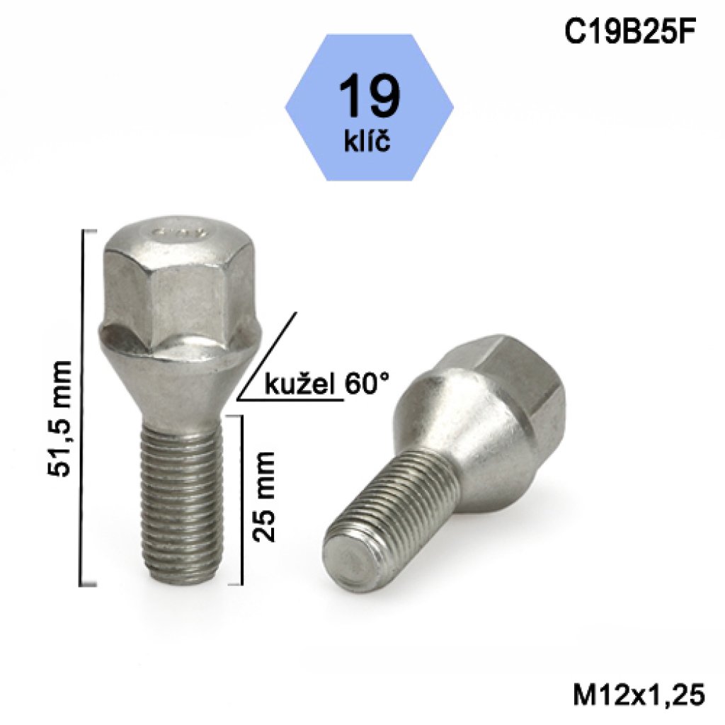 Kolový šroub M12x1,25x25 kužel, klíč 19 (C19B25F) výška 51,5mm