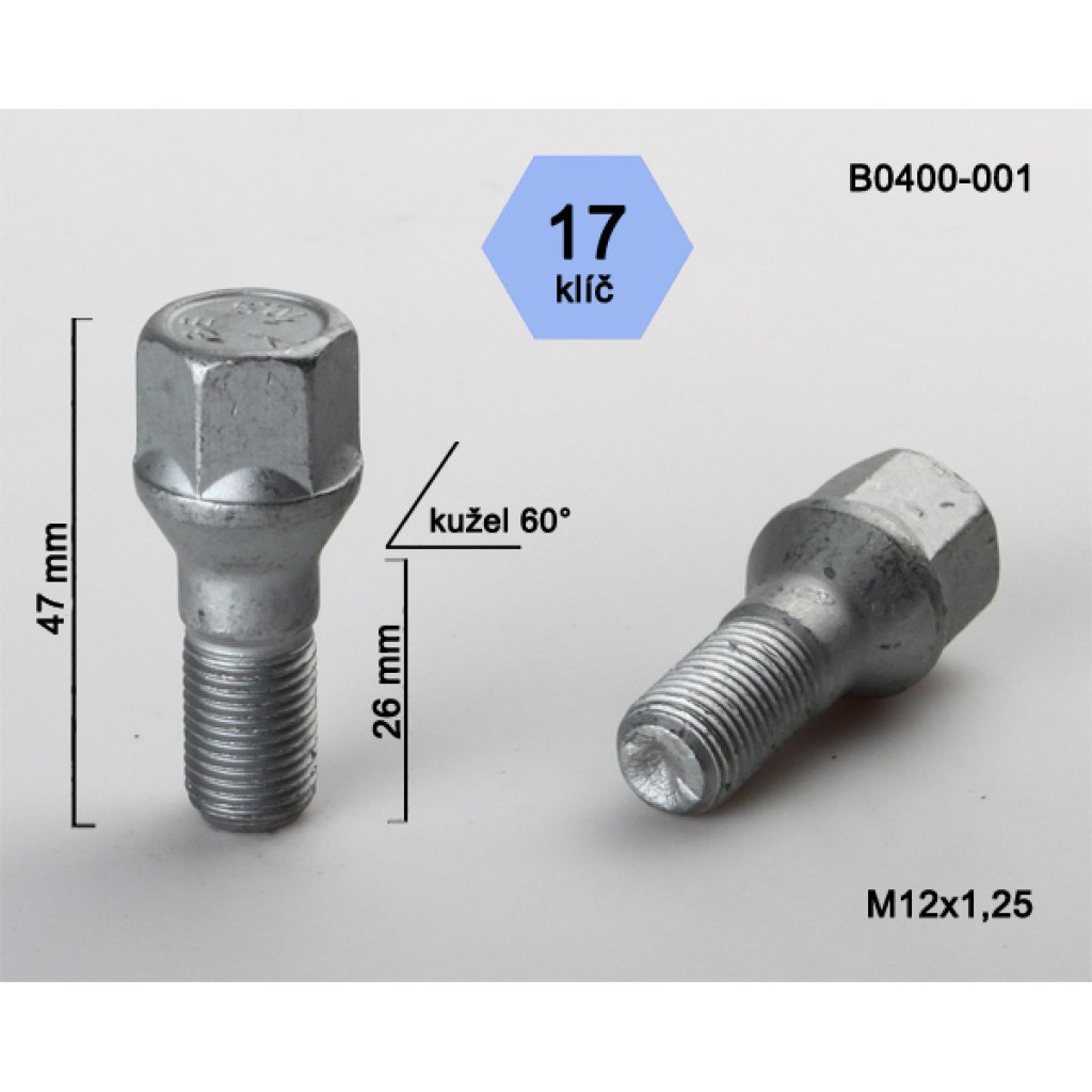 Kolový šroub M12x1,25x26 kužel, klíč 17 (B0400-001) výška 47mm
