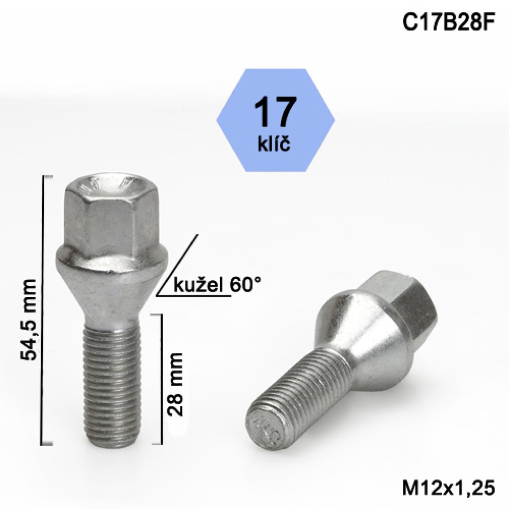 Kolový šroub M12x1,25x28 kužel, klíč 17 (C17B28F) výška 54,5mm