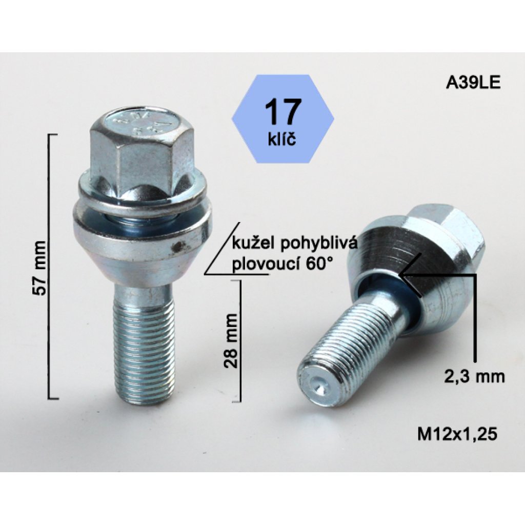 Kolový šroub M12x1,25x28 kužel plovoucí pro změnu rozteče, klíč 17 (A39LE) výška 57mm