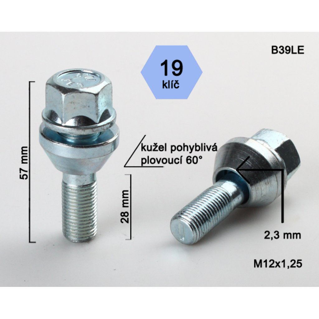 Kolový šroub M12x1,25x28 kužel plovoucí pro změnu rozteče, klíč 19 (B39LE) výška 57mm