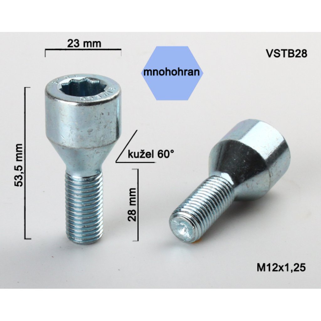 Kolový šroub M12x1,25x28 kužel s vnitřním mnohohranem (VSTB28) prům.hlavy 23mm výška 53,5