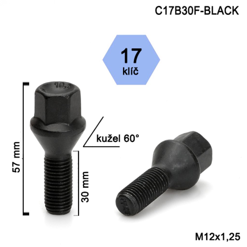 Kolový šroub M12x1,25x30 kužel, klíč 17 (C17B30F-BLACK) černý, výška 57mm