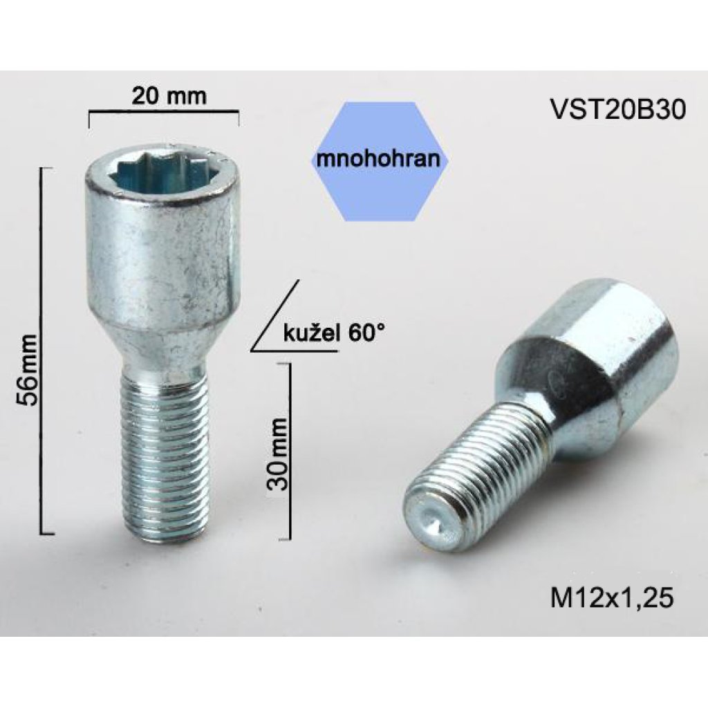 Kolový šroub M12x1,25x30 kužel s vnitřním mnohohranem (VST20B30) prům.hlavy 20mm, výška 56
