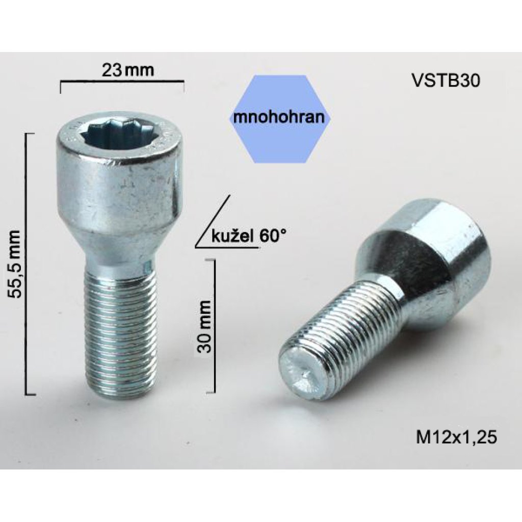 Kolový šroub M12x1,25x30 kužel s vnitřním mnohohranem (VSTB30) prům.hlavy 23mm výška 55,5