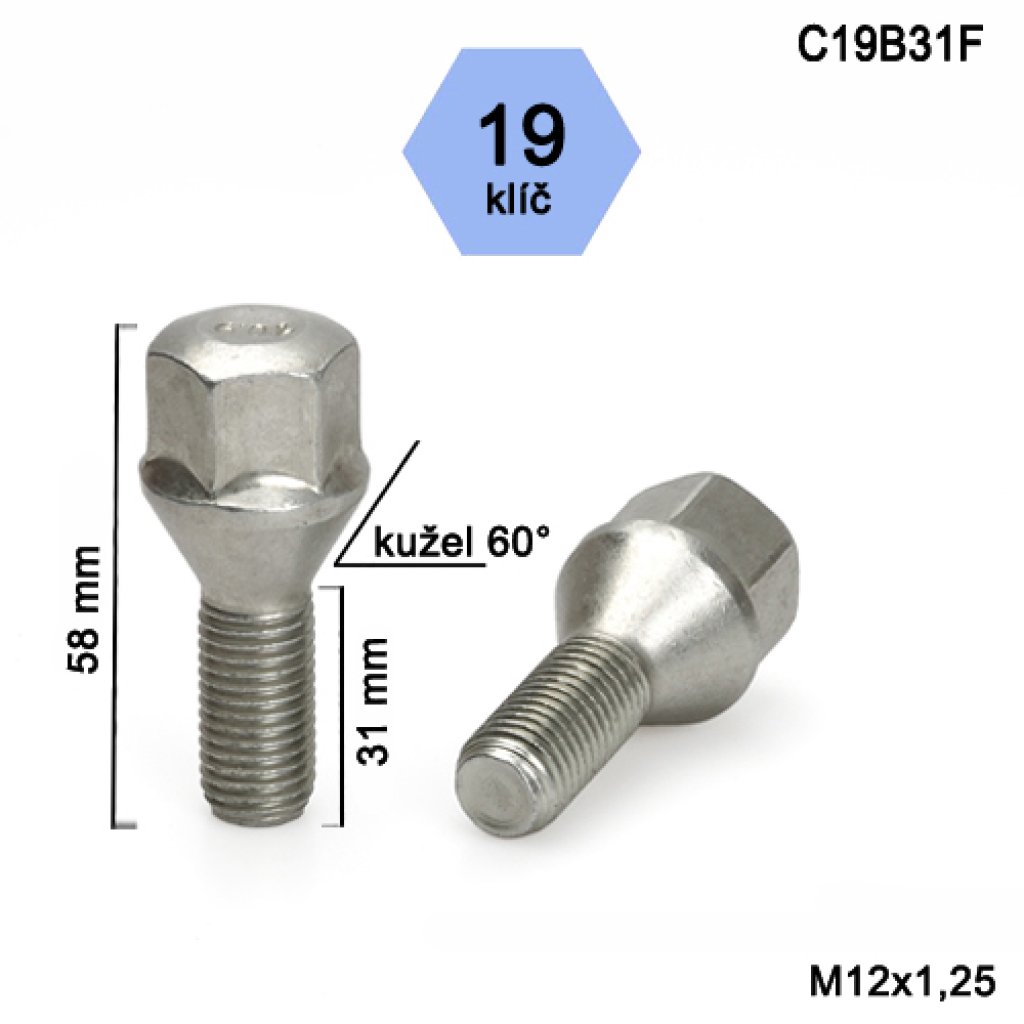Kolový šroub M12x1,25x31 kužel, klíč 19 (C19B31F) výška 58mm