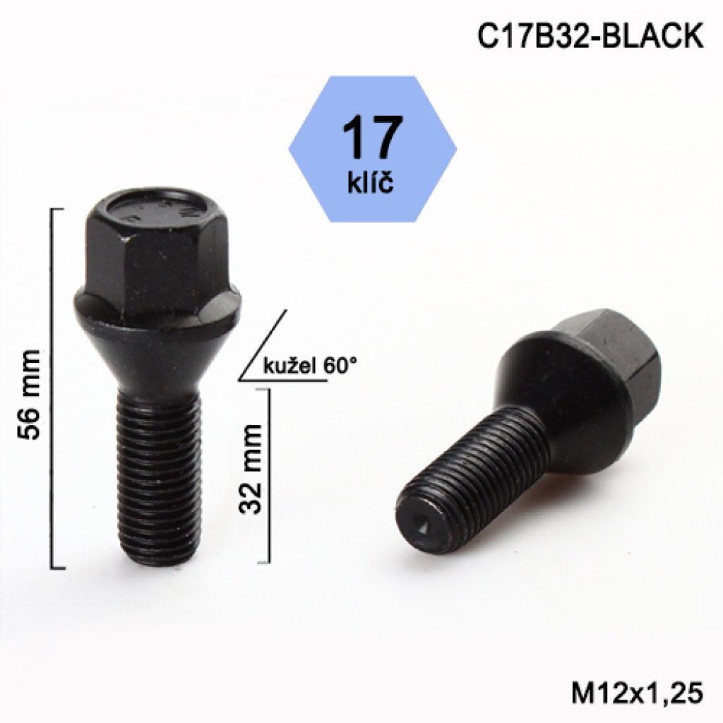Kolový šroub M12x1,25x32 kužel, klíč 17 (C17B32-BLACK) výška 56mm