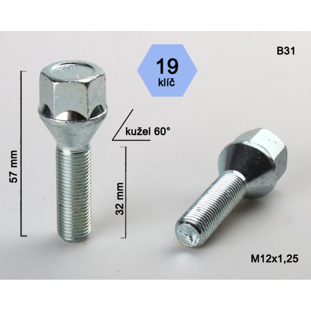 Kolový šroub M12x1,25x32 kužel, klíč 19 (C19B32/B31) výška 57mm