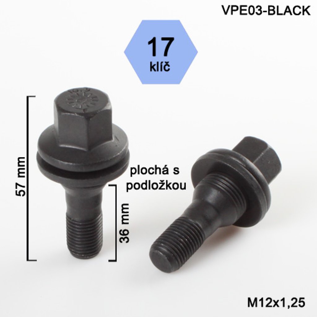 Kolový šroub M12x1,25x36 s plochou podložkou, Peugeot, klíč 17 (VPE03-BLACK) výška 57mm