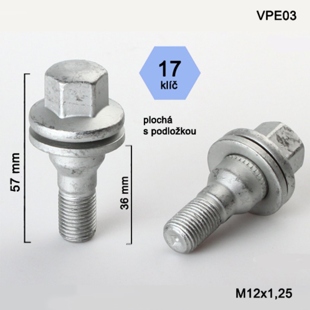 Kolový šroub M12x1,25x36 s plochou podložkou, Peugeot, klíč 17 (VPE03)(CP1/S) výška 57mm