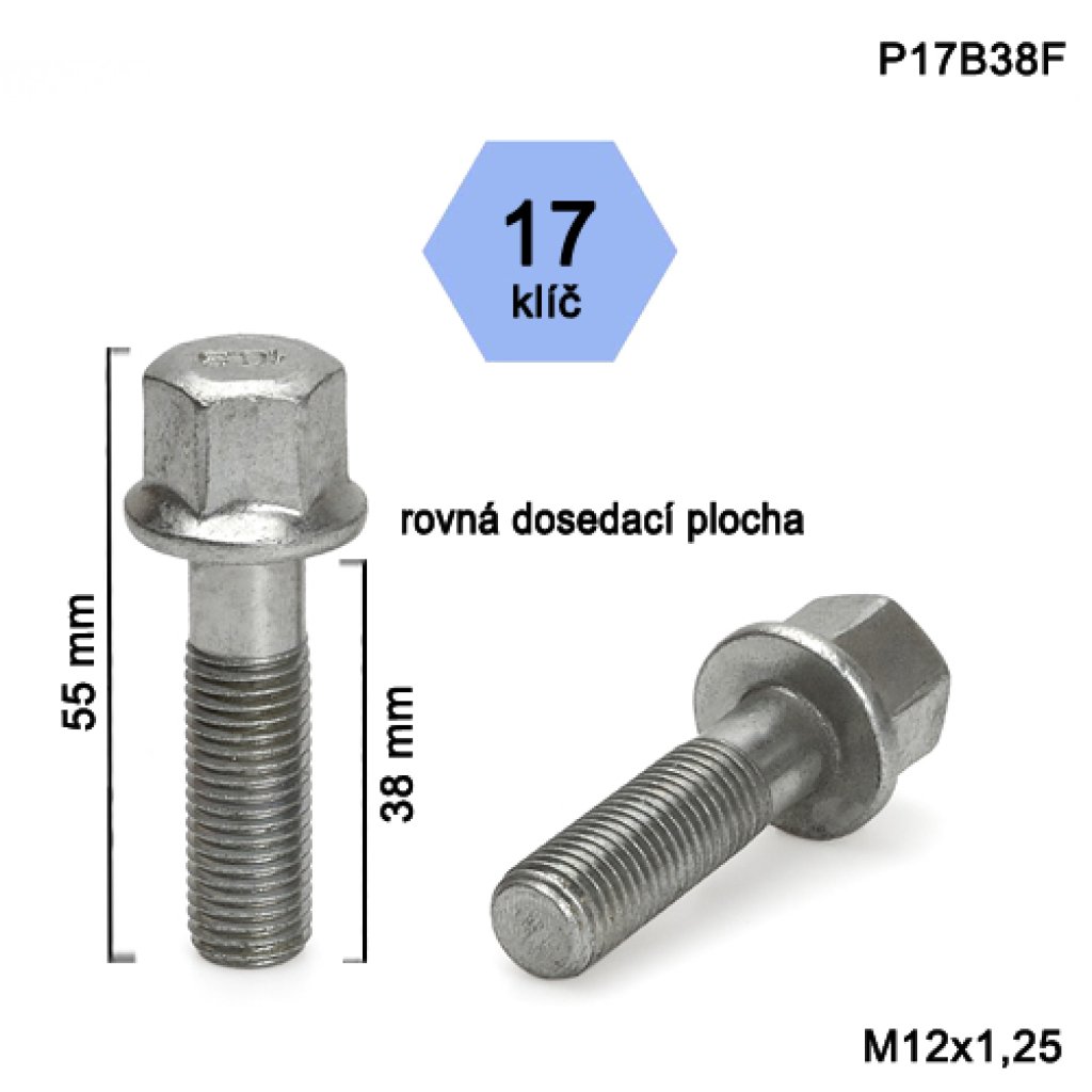 Kolový šroub M12x1,25x38 s rovnou dosedací plochou, klíč 17 (P17B38F) výška 55mm