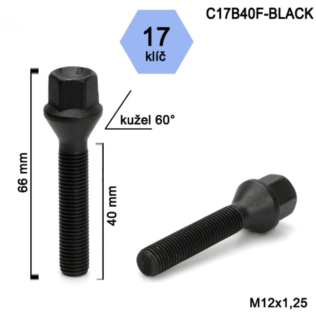 Kolový šroub M12x1,25x40 kužel, klíč 17 (C17B40F-BLACK) černý, výška 66mm