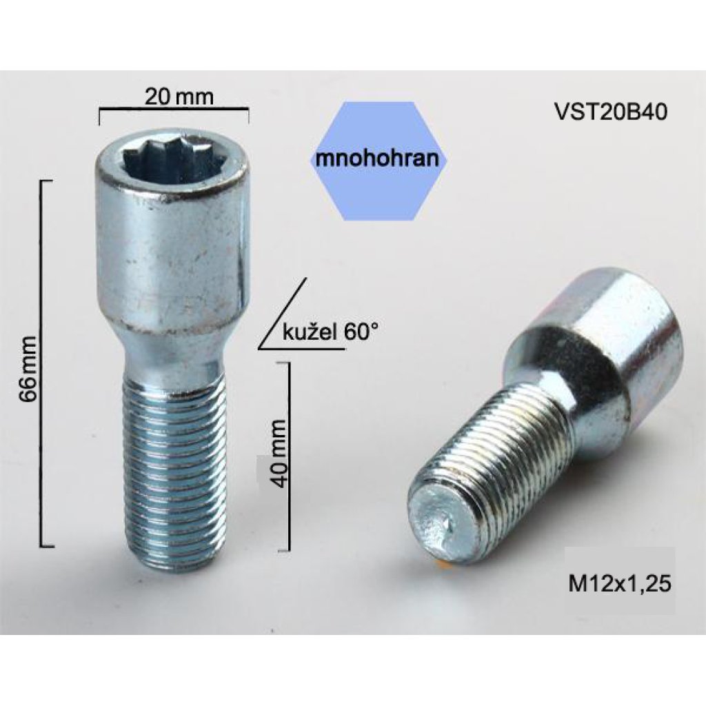 Kolový šroub M12x1,25x40 kužel s vnitřním mnohohranem (VST20B40) prům.hlavy 20mm, výška 66