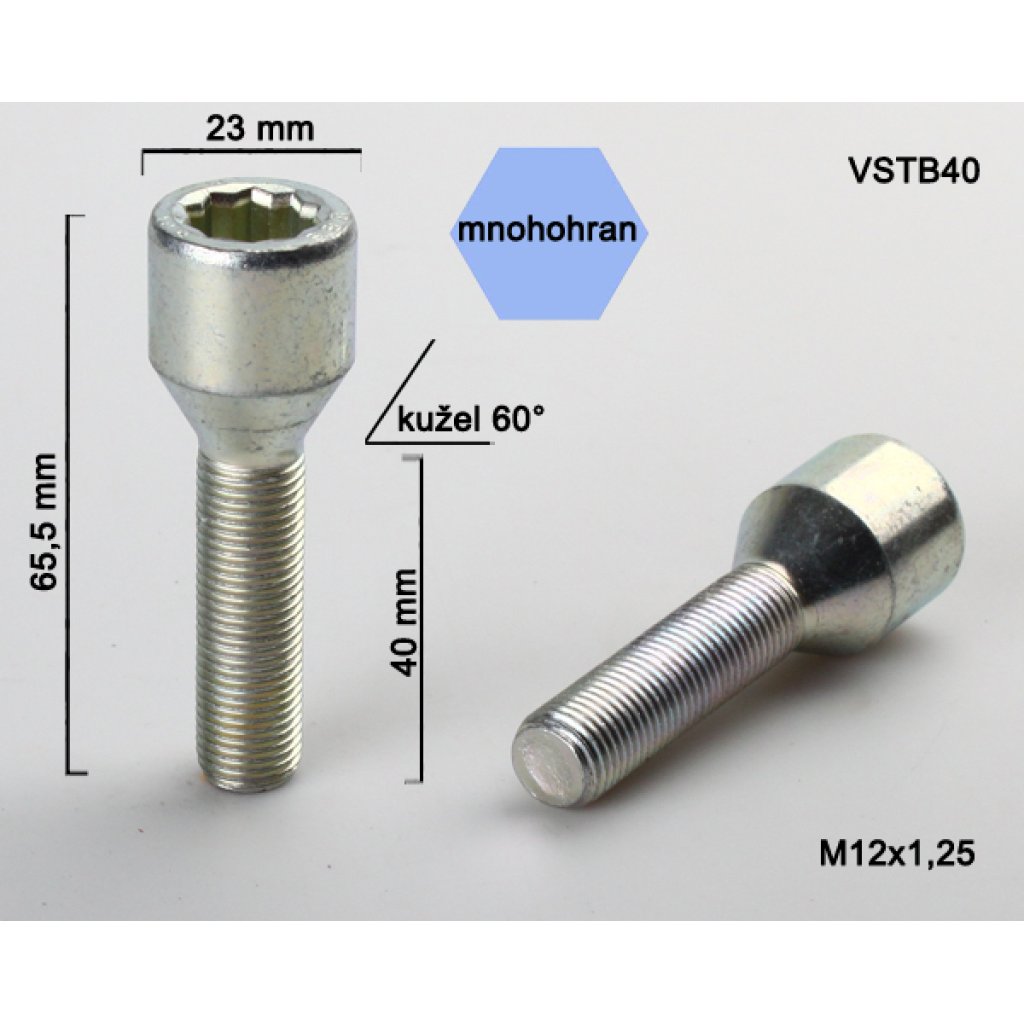 Kolový šroub M12x1,25x40 kužel s vnitřním mnohohranem (VSTB40) prům.hlavy 23mm výška 65,5