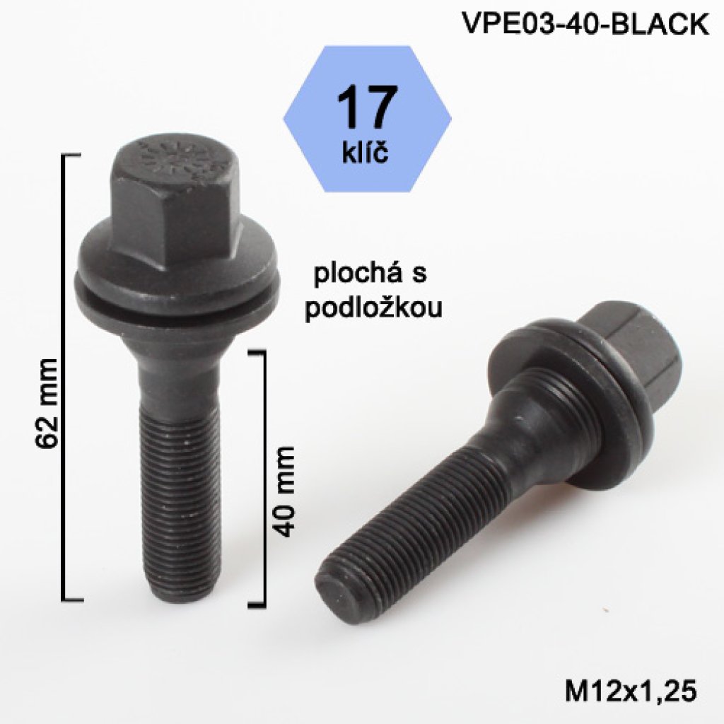 Kolový šroub M12x1,25x40 s plochou podložkou, klíč 17 (VPE03-40-BLACK) výška 62mm