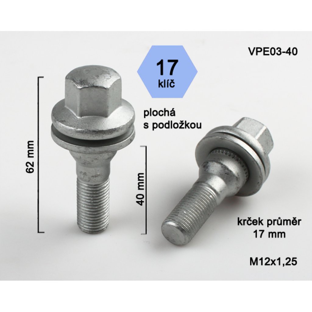 Kolový šroub M12x1,25x40 s plochou podložkou, klíč 17 (VPE03-40) výška 62mm