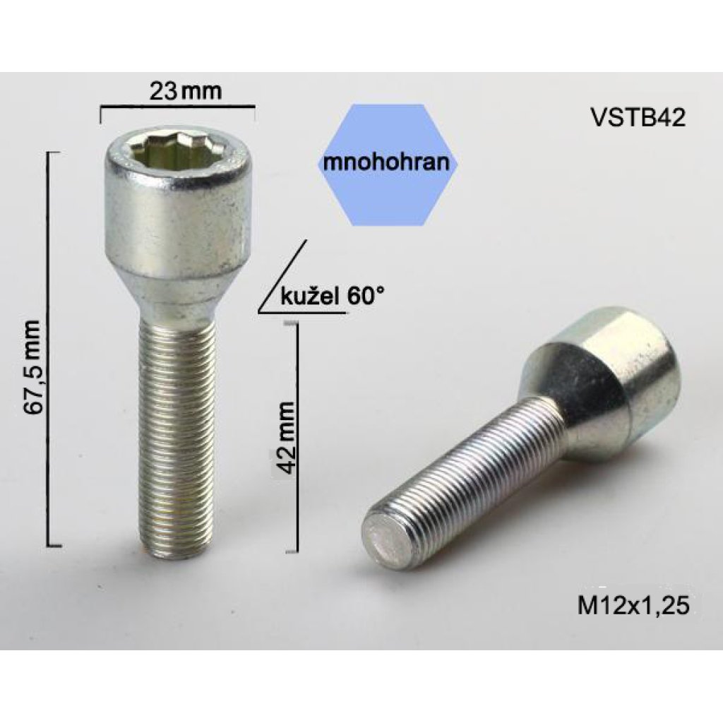 Kolový šroub M12x1,25x42 kužel s vnitřním mnohohranem (VSTB42) prům.hlavy 23mm výška 67,5