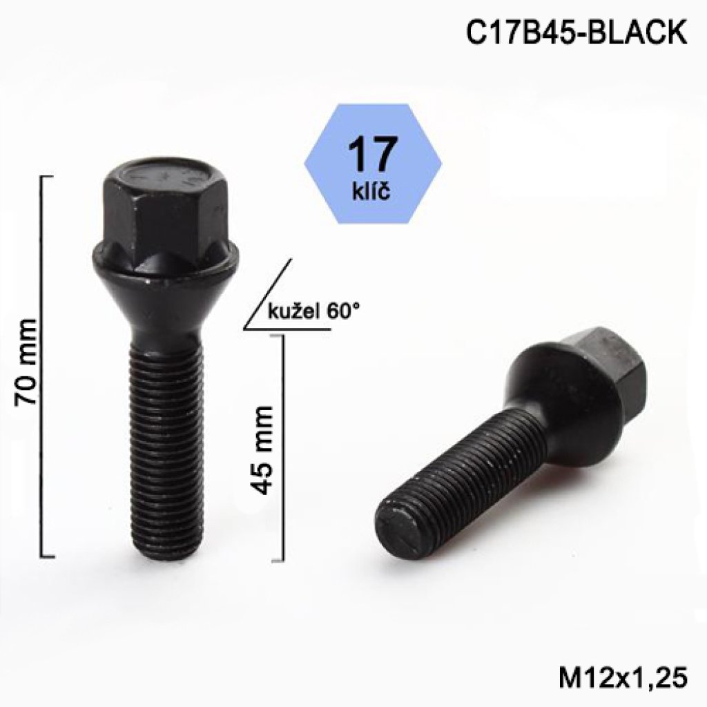 Kolový šroub M12x1,25x45 kužel, klíč 17 (C17B45-BLACK) černý, výška 70mm
