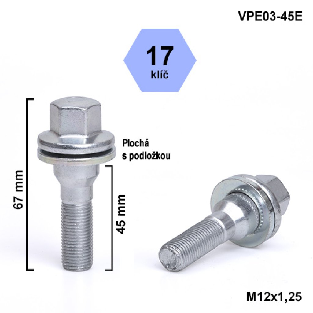 Kolový šroub M12x1,25x45 s plochou podložkou, klíč 17 (VPE03-45E) výška 67mm